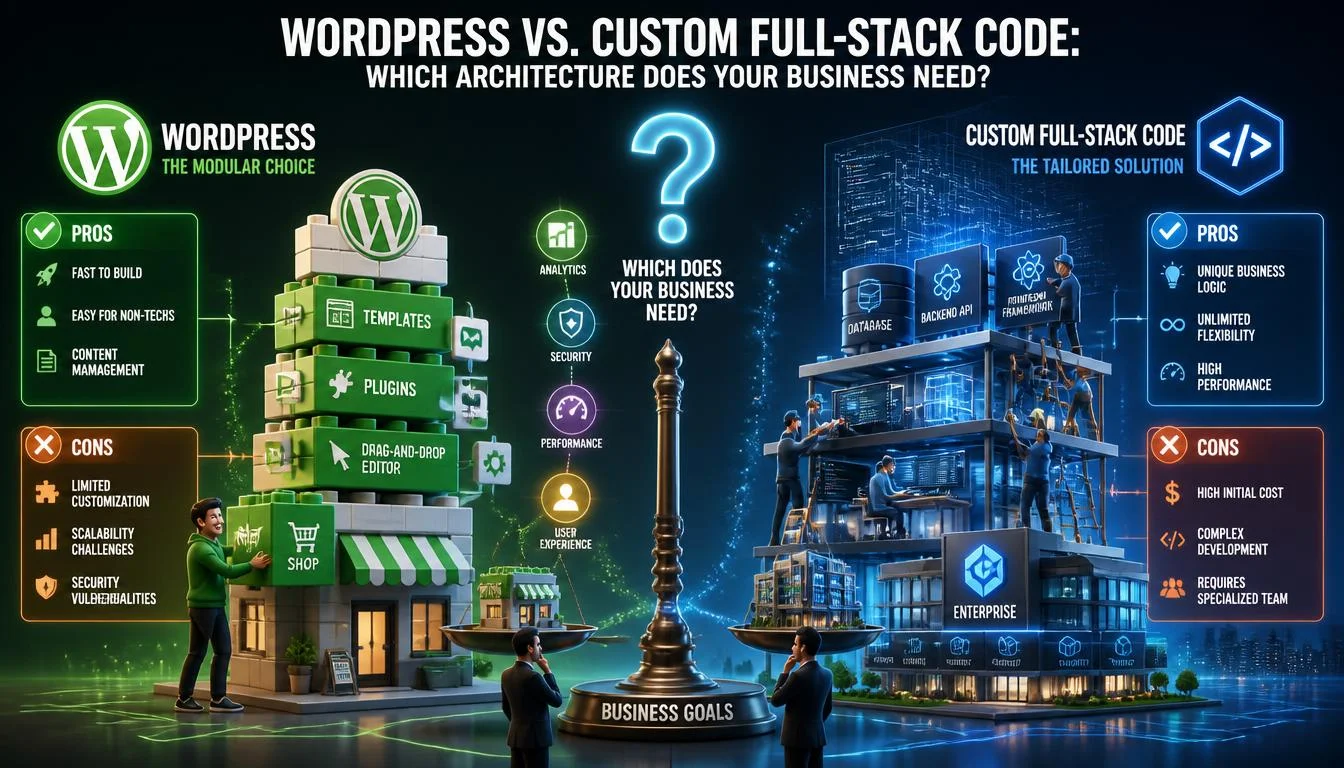 Create the following: WordPress vs. Custom Full-Stack Code: Which Architecture Does Your Business Need?